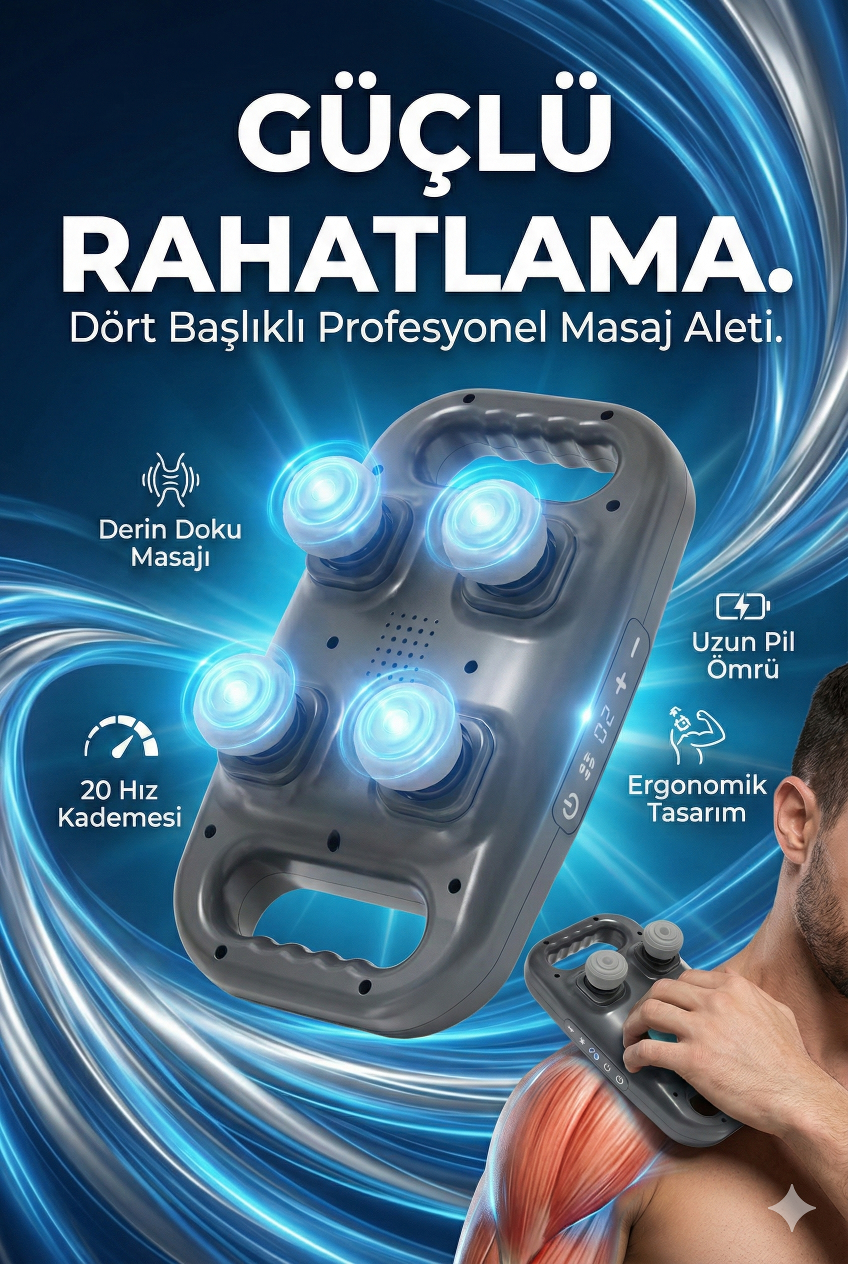 4 Başlıklı Masaj Tabancası - Ergonomik Derin Doku Sırt ve Boyun Masaj Aleti Ağrı ve Sızı Giderici